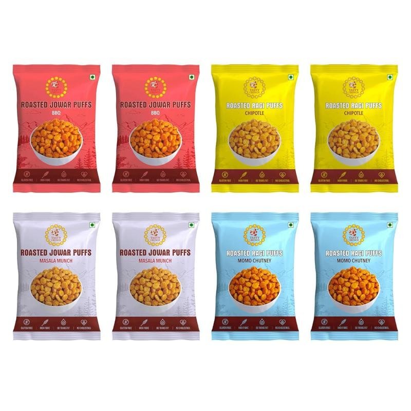 Tasty Crunch Roasted Jowar (Masala Munch, BBQ) & Ragi Puffs (Chipotle, Momo Chutney) | Sorghum & Finger Millet Puffs | Roasted Not Fried | High Fiber Healthy Snack | Pack of 8